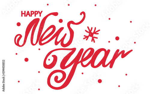 Red inscription isolated on white background. "Happy New Year" lettering with swirls and puffy letters. Doodle style. Vector. Made by hand. Snowflake and snow points. Suitable for greeting cards.