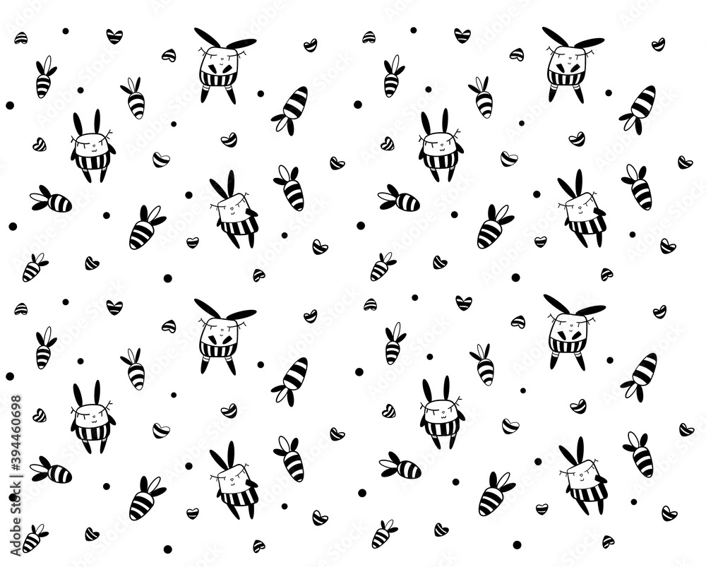 Pattern with bunnies and carrots on a white background, monochrome style