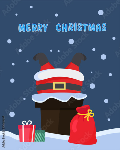 Santa Claus stuck in the chimney on the roof. Gift bag santa. Christmas flat style vector illustration for poster, banner, card, cover, postcard.