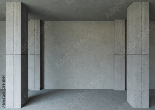 Photo of a building site  an empty room with concrete walls and columns. Perspective view  empty concrete room. 3d illustration