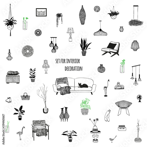 Set of icons furniture and decorative elements for the interior, vector illustration.