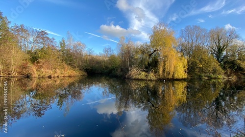 Park canal in a beautiful sunny autumn day with trees and cloud reflecting on the calm, still water, scenic nature landscape, beautiful nature, blue sky and water. © BC-Consulting