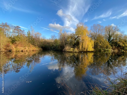 Park canal in a beautiful sunny autumn day with trees and cloud reflecting on the calm, still water, scenic nature landscape, beautiful nature, blue sky and water. © BC-Consulting