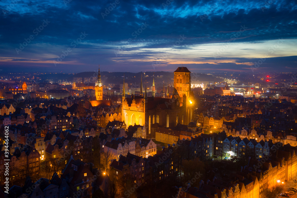 Aerial view of the St. Mary's Basilica in Gdansk at dusk, Poland