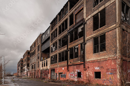 Detroit abandoned broken dystopian factory warehouse crumbling into nightmare apocalypse - Tilt Shift - winter landscape