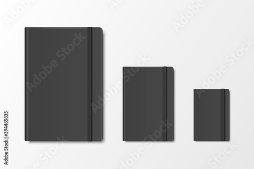Vector 3d Realistic Black Closed Blank Paper Notebook Set Isolated on White Background. A4, A5, A6, A7. Design Template of Copybook with Elastic Band for Mockup, Advertise, Logo Print. Front. Top View