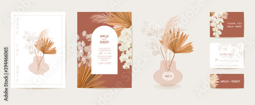 Watercolor wedding dried lunaria, orchid, pampas grass floral invitation. Vector exotic dry flowers, palm leaves
