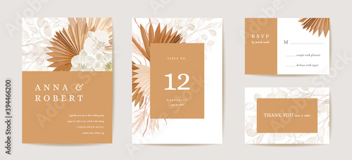 Wedding dried lunaria, orchid, pampas grass floral Save the Date set. Vector exotic dry flower, palm leaves boho