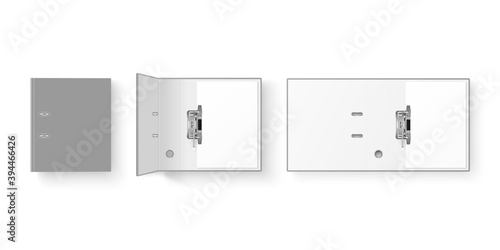 Vector 3d Closed and Opened Realistic Gray Blank, Empty Office Binder Set with Metal Rings and A4 Paper Sheet Closeup Isolated on White Background. Design Template, Mockup, Top View