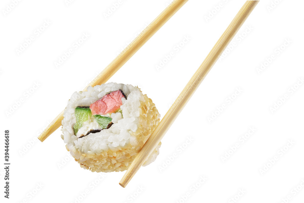 Chopsticks with sushi roll isolated on white background Chopsticks with sushi roll isolated on white background