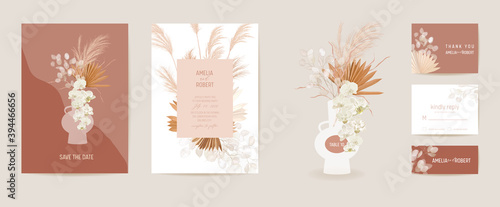 Wedding dried lunaria, orchid, pampas grass floral Card. Vector Exotic dried flowers, palm leaves boho invitation