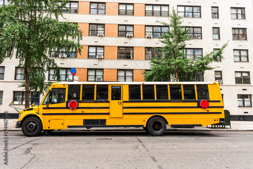 School Bus waiting in Fifth Avenue. New York City. USA.