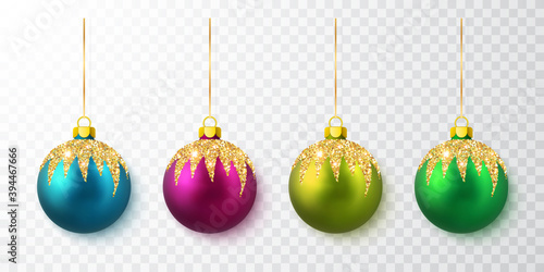 Colorful Christmas balls. Xmas glass ball on white background. Holiday decoration template. Vector illustration