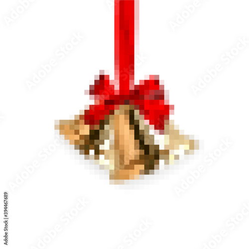 Jingle bell. Winter gold bell with red bow. Merry christmas and happy new year decoration element. Vector illustration