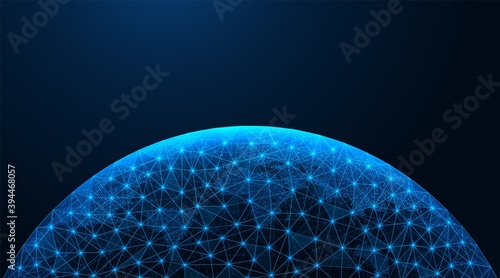 Digital global network. Data exchange technology. World map. Low-poly construction of concatenated lines and dots. Blue background.