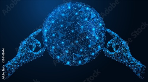 The hands holding the globe. The concept of global data exchange. Polygonal construction of concatenated lines and points. Blue background.