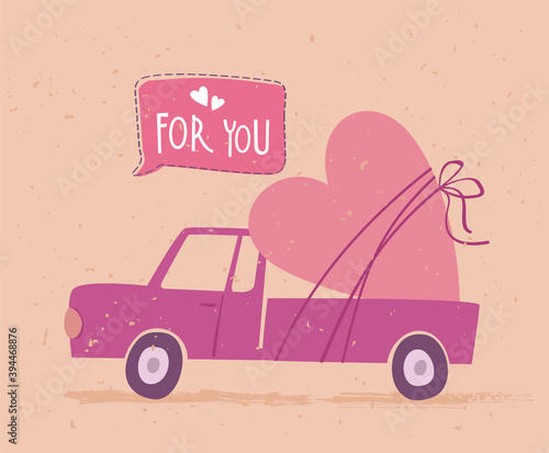 Valentines Day greeting card with cute pickup truck and big heart. Postcard o...