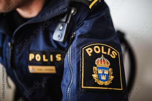 Close-up of police badge, Sweden photo