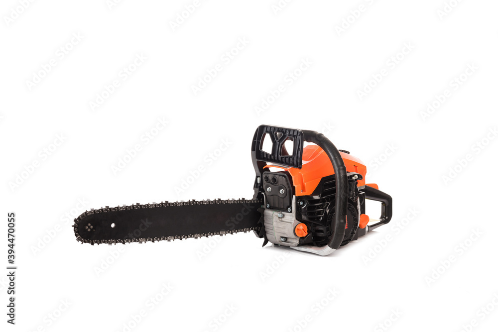 Orange new chainsaw at isolated white background