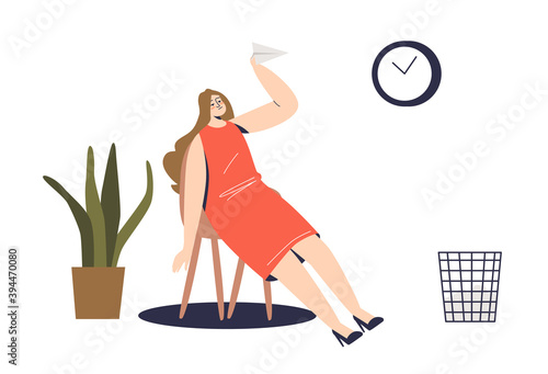 Cartoon businesswoman throwing paper planes at workplace. Lazy female office worker