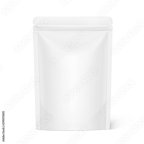 Food pouch bags isolated on white background. Vector illustration. Front view. Can be use for template your design, presentation, promo, ad. EPS10.	