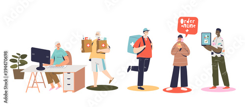 Set of people ordering and receiving medicines online with computer, smartphone or tablet
