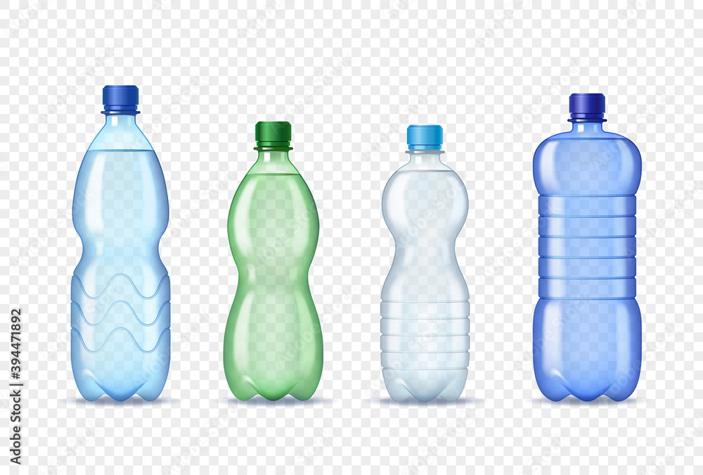 Set of realistic plastic bottles with water on transparent background. 3d package for liquids Set of realistic plastic bottles with water on transparent background. 3d package for liquids