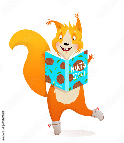 Cute smiling squirrel reading book story about nuts happy clipart animal cartoon for little kids. Vector illustration for children.