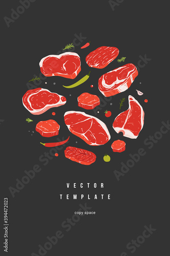 Steak poster template, vector menu for steakhouse or butchery shop, copy space for text, realistic handdrawn illustration, various beef cuts