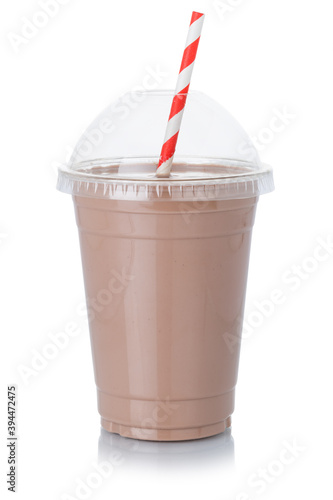Chocolate milk shake milkshake in a cup straw isolated on white photo