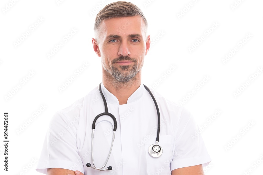 smiling mature man therapist doctor with unshaven face in medical suit and stethoscope care your health isolated on white, medicine smiling mature man therapist doctor with unshaven face in medical suit and stethoscope care your health isolated on white, medicine