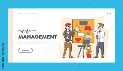 Teamwork Landing Page Template. Business Characters Chatting at Board Discuss Idea in Office. Team Project Development