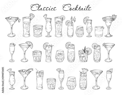 Cocktails hand drawn set in sketch style. Alcoholic drinks in different glass isolated on white background.Beverage elements for bar menu or poster. Vector illustration