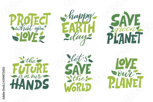 Set of eco quotes. Ecology theme template with lettering. Phase about lifestyle, planet for poster, banner, card design. Vector illustration