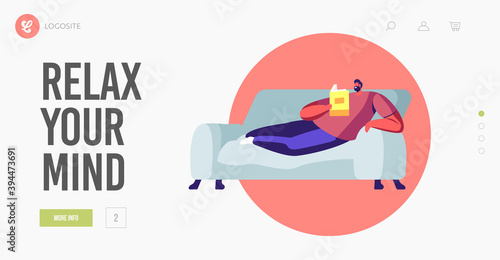 Education or Reading Hobby Landing Page Template. Relaxed Man Read Book Lying on Couch. Student Prepare to Exam