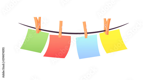 Set of Multicolored Pieces of Paper Hanging on Rope Pinned with Clothespins, Stationery Isolated on White Background