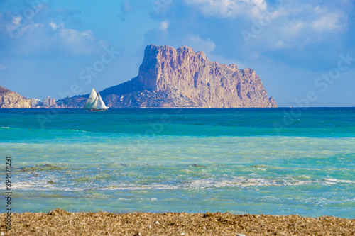 Beautiful sea landscape of Altea, Spain with sailboat and Ifach