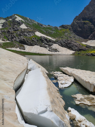 melting snow, melting glaciers and global warming in the lake. Lake and natural landscape in mountains
