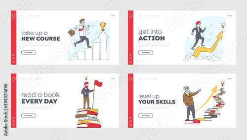Characters Developing Mind, Self Development or Education Landing Page Template Set. Business People Climbing on Chart