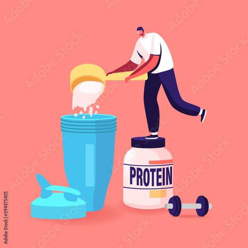 Tiny Male Character Pour Protein Powder for Making Cocktails in Shaker in Gym. Sportive Nutrition for Pumping Muscles