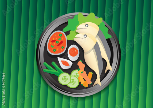 Thai food on green banana leaf vector illustration. Mackerel Chili Paste. cartoon