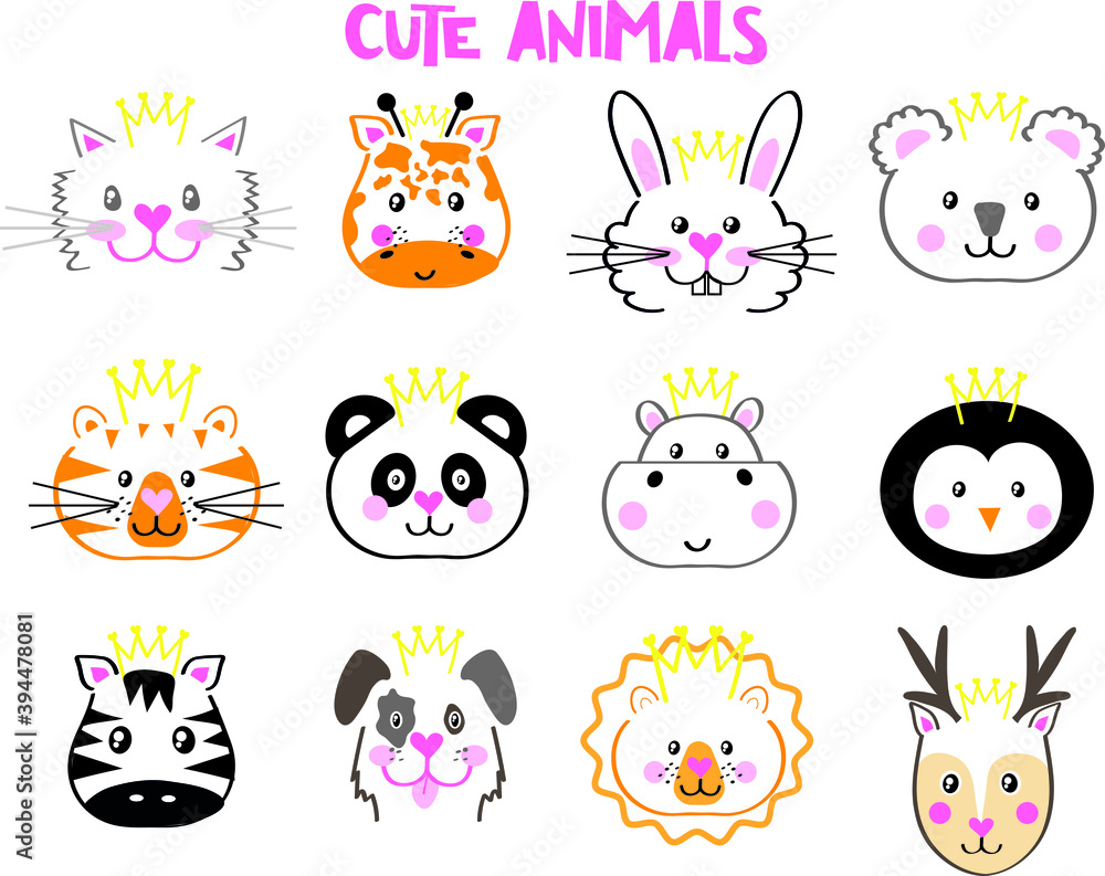 cute animal faces set vector illustration. cat, giraffe, rabbit, koala, tiger, panda, hippo, penguin, zebra, dog, lion, deer face illustration