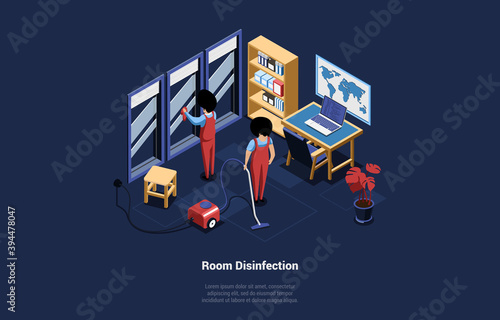 3D Vector Illustration With Room Disinfection Writing On Dark Background. Isometric Composition In Cartoon Style Of Two Male Characters Wearing Overalls Cleaning Indoors Space With Vacuum And Towel