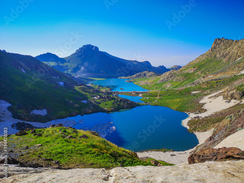 View of a lake in mountains. Hakkari cilo sat lakes, snowy mountains and natural scenery 