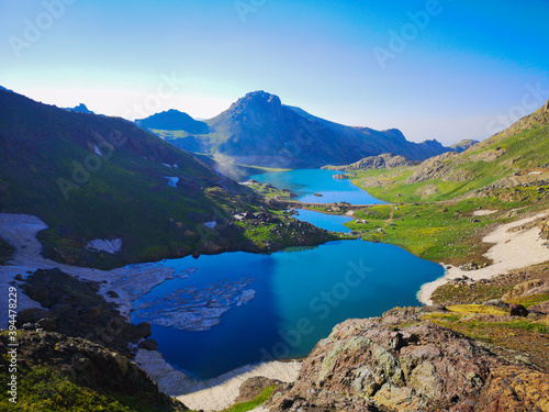 View of a lake in mountains. Hakkari cilo sat lakes, snowy mountains and natural scenery 