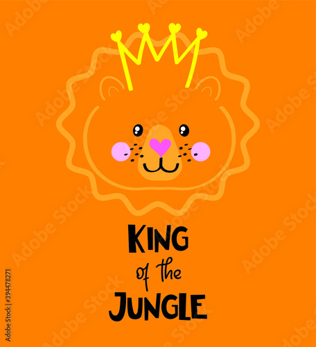 basic lion face vector illustration on pink background. cute lion wear a crown. king of the jungle slogan.