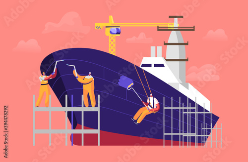 Shipbuilding Concept. Engineer Male Characters Welding and Painting Board Assembling Nautical Vessel on Scaffold in Dock