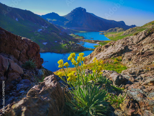 View of a lake in mountains. Hakkari cilo sat lakes, snowy mountains and natural scenery
