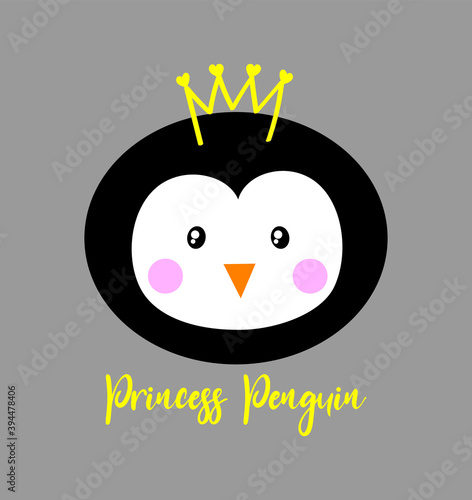 basic penguin face vector illustration on grey background. cute penguin wear a crown. princess penguin slogan.