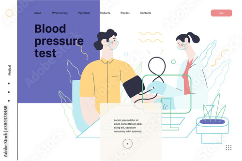 Medical tests template - blood pressure test - modern flat vector concept digital illustration of blood pressure measurement procedure - a patient and doctor with a meter, medical office or laboratory